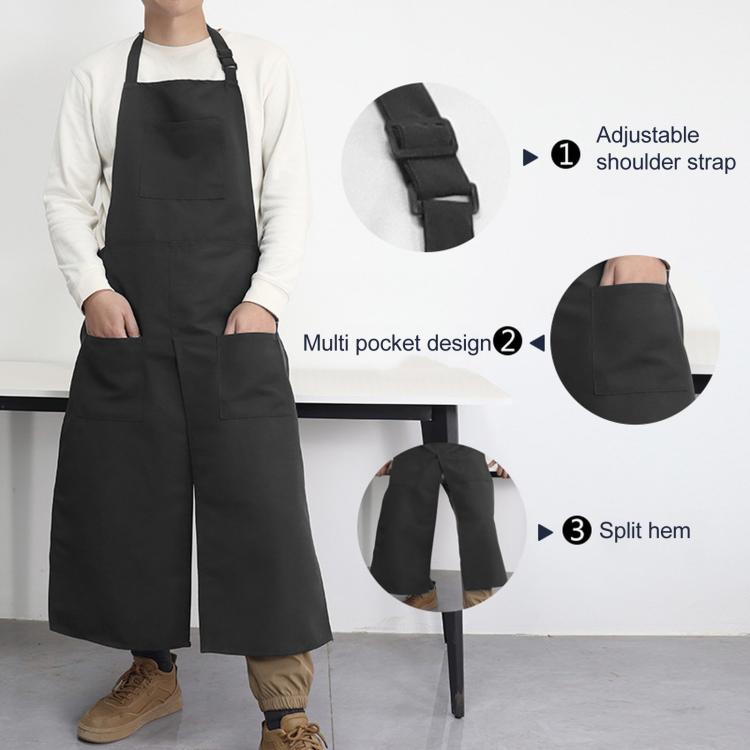 Black halter apron with adjustable strap, multi pockets, and split hem