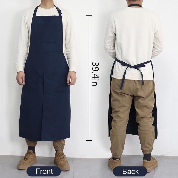 Navy adjustable halter split-leg apron shown front and back