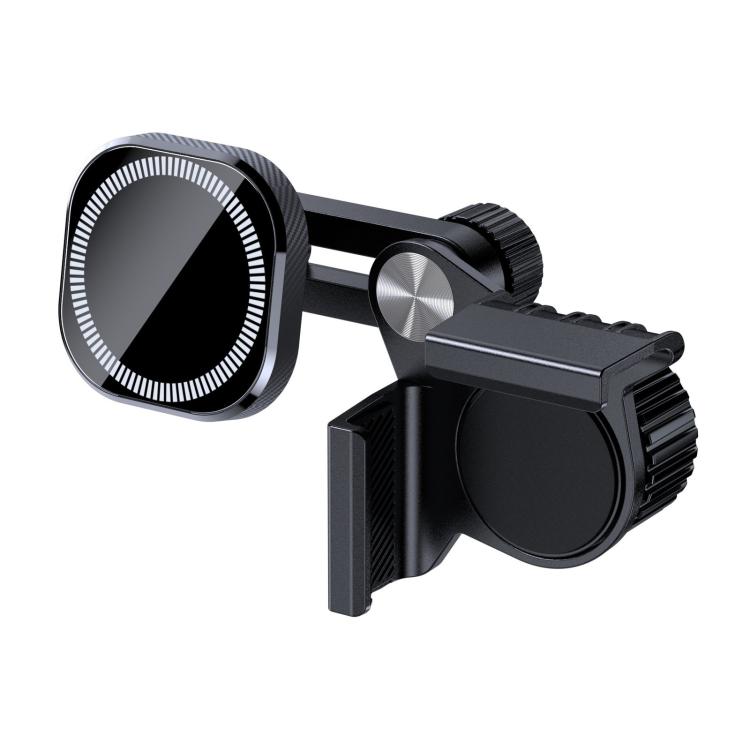 Magnetic car phone holder with circular screen pad, clamp arms, and adjustable knobs