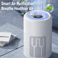 White cylindrical air purifier with front vent holes and blue-lit airflow fan