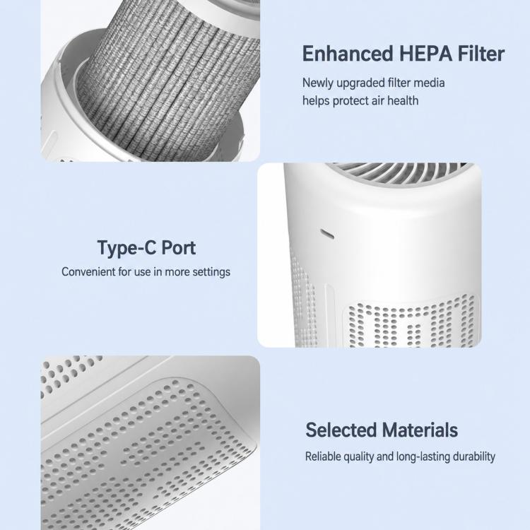 Air purifier showing gray pleated filter cartridge and USB-C port area