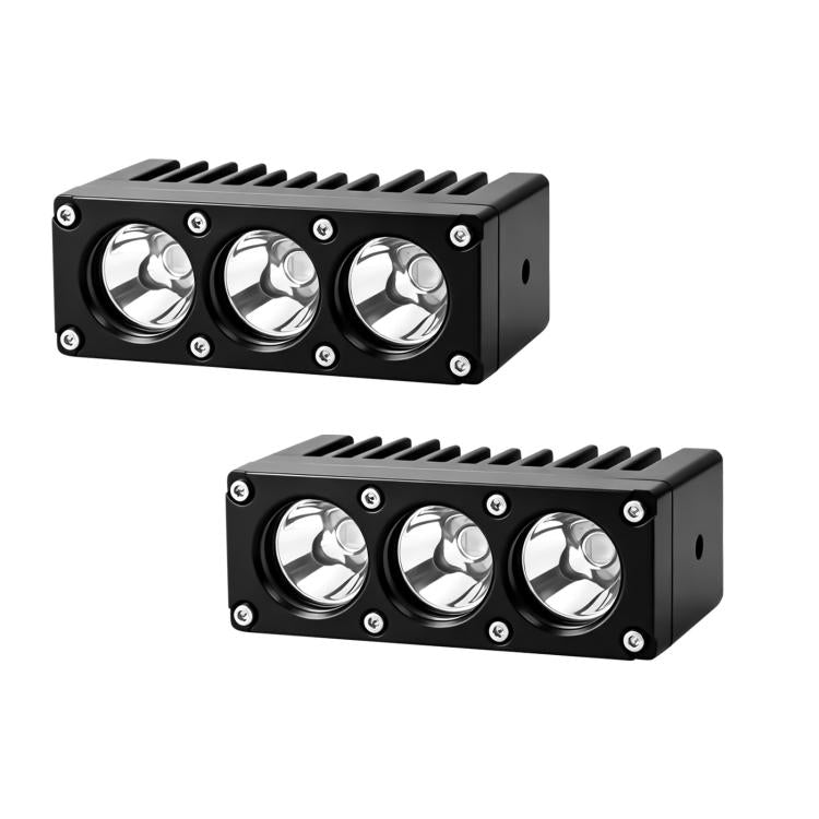 Triple-lens LED spotlight with black housing and three chrome reflector lenses