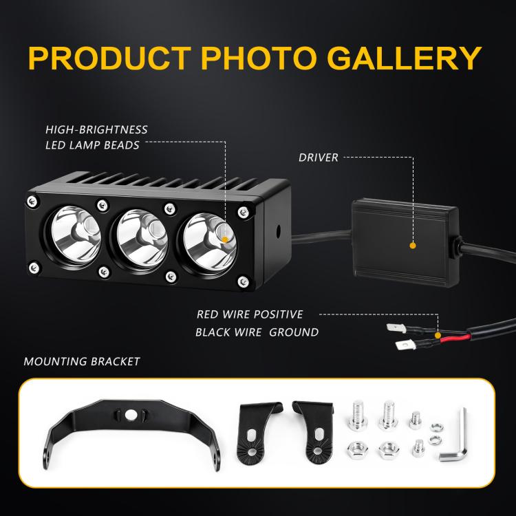Triple-lens LED spotlight kit with mounting bracket and wiring components, black