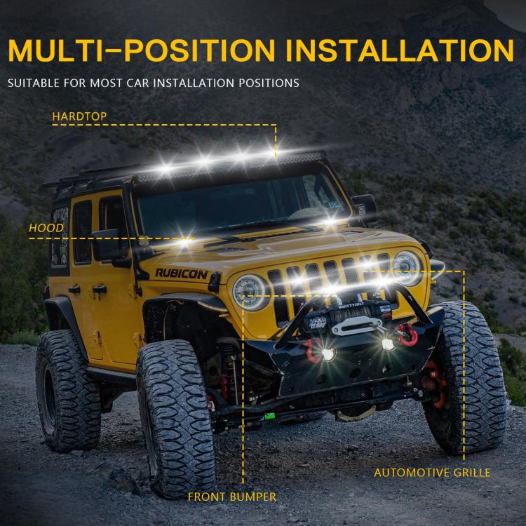 Truck grille spotlight with two LED light bars installed on front bumper, lights on