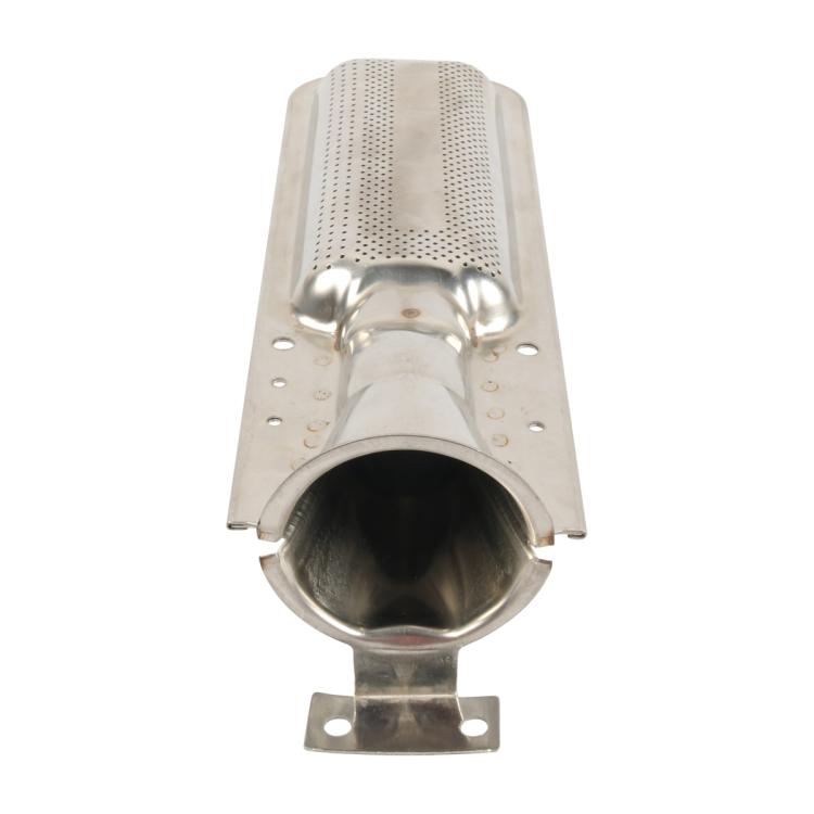 RV furnace burner housing with perforated metal screen and mounting holes