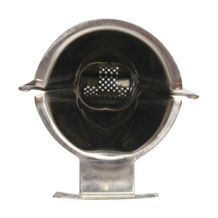 RV furnace burner base with vented metal nozzle and central perforated insert