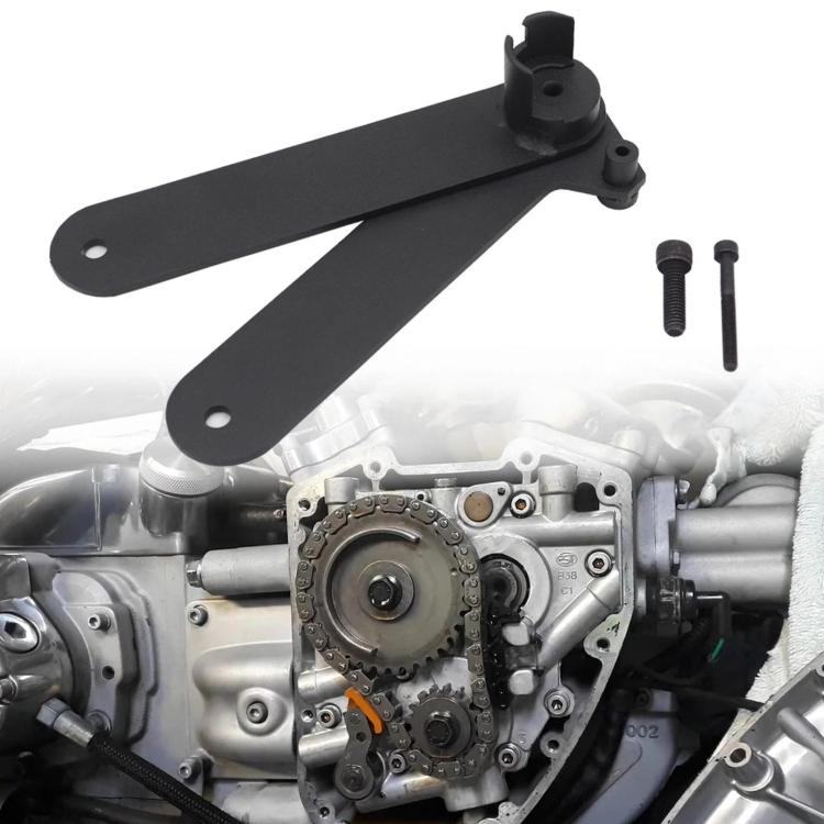 Black cam chain removal tool with two brackets and included screws