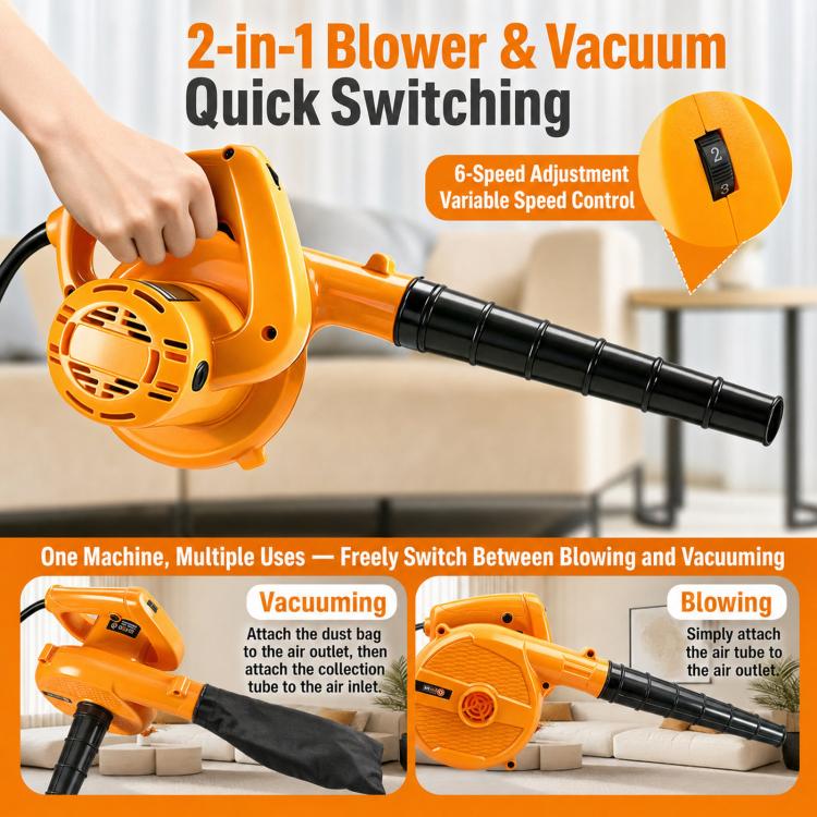 Orange 2-in-1 blower with adjustable speed control dial and long tube