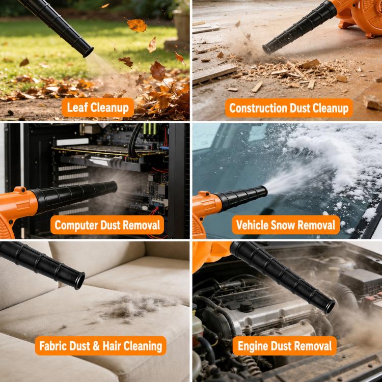 Orange blower nozzle blasting dust from surfaces with long black tube