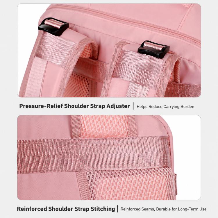Pink backpack shoulder strap adjuster and reinforced stitching detail