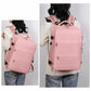 Pink travel backpack worn on back, front view with straps and buckles