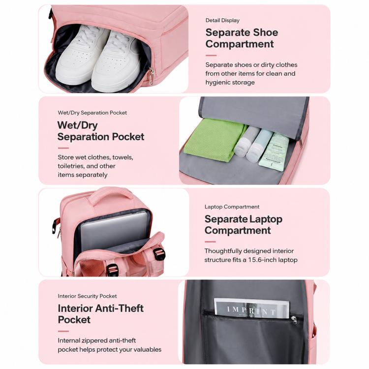 REMOID pink backpack with separate shoe compartment, wet/dry pocket, and laptop storage