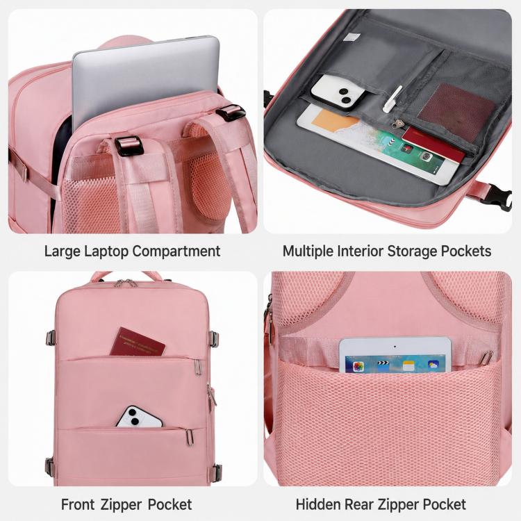 REMOID pink backpack with large laptop compartment, front zip pocket, and rear zipper pocket