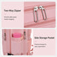 Pink travel backpack with two-way zipper and metal pull tabs