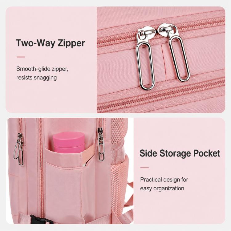 Pink travel backpack with two-way zipper and metal pull tabs
