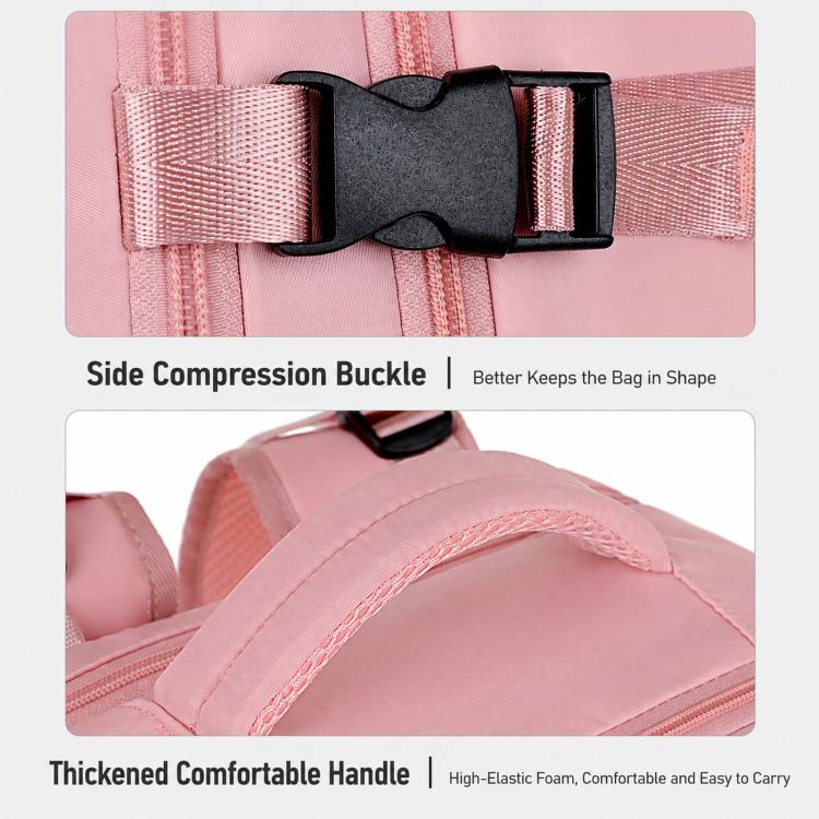 Pink travel backpack side compression buckle with adjustable strap detail