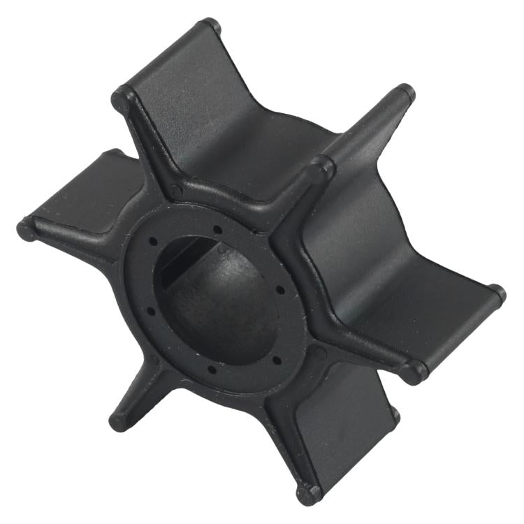 Black outboard water pump impeller, angled view of multi-blade rotor and hub