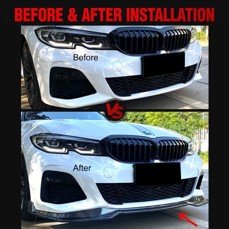 Front bumper lip decor on car, black with silver accent, before/after view