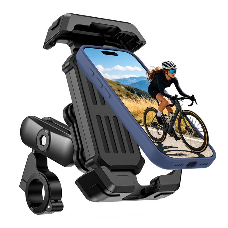 Adjustable shock-absorbing phone holder clamp for bikes and motorcycles, black frame