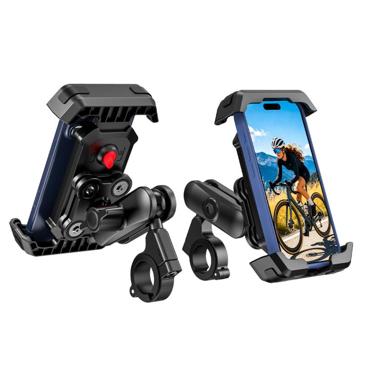 Adjustable bike phone mount with dual ball heads and red release button, black