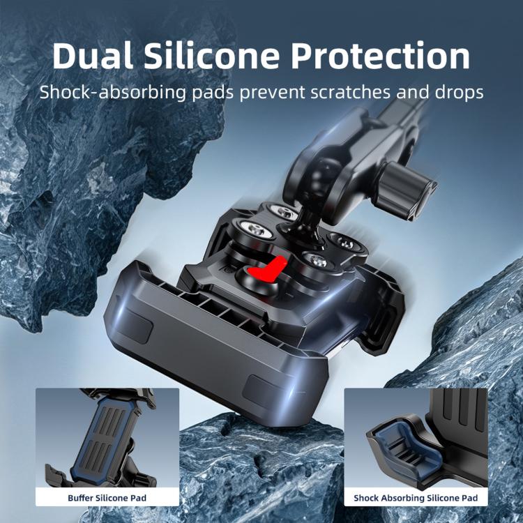 Shock-absorbing phone holder with silicone pads and handlebar clamp, adjustable arms