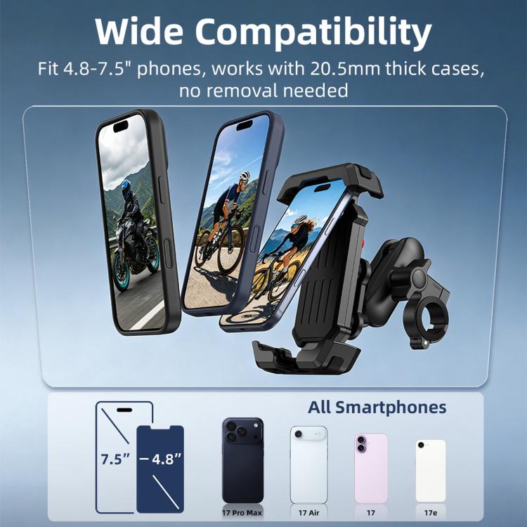 Adjustable bicycle phone holder with clamp and wide-fit cradle for smartphones