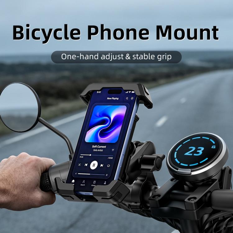 Bicycle phone mount with adjustable cradle holding a smartphone on handlebars