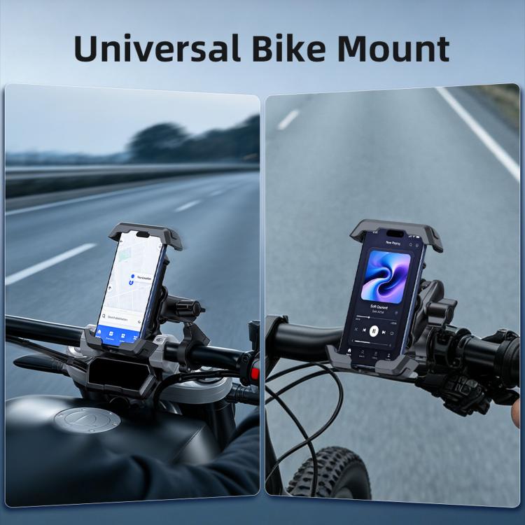 Universal bike handlebar phone mount with shock-absorbing arms, black