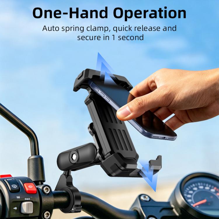 One-hand release bike phone holder clamp securing phone, black