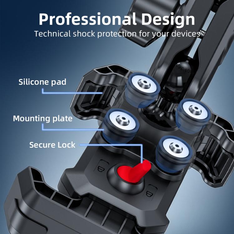 Shock-protected bike phone mount close-up with secure lock and silicone pads, black