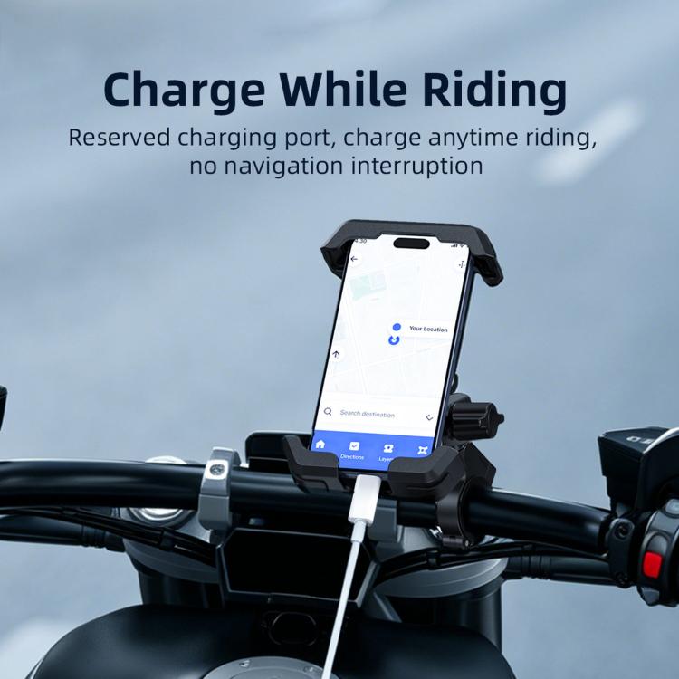 Bike phone mount with charging cable connected while riding, black