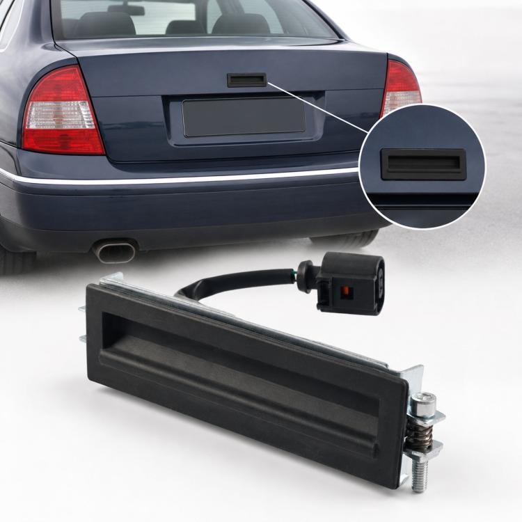 Trunk lid release switch assembly for Volkswagen Passat, black housing with wiring