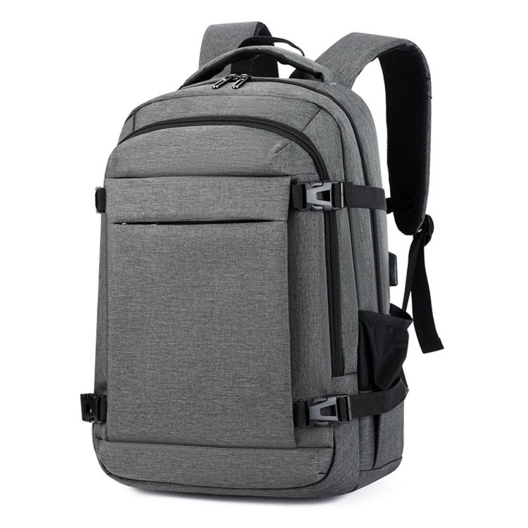 Gray water-resistant laptop backpack with front zipper pocket and padded shoulder straps