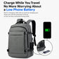 Gray laptop backpack with external charging port and attached charging cable