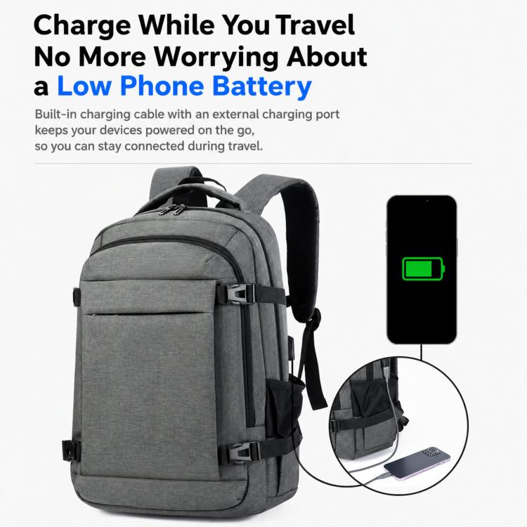 Gray laptop backpack with external charging port and attached charging cable