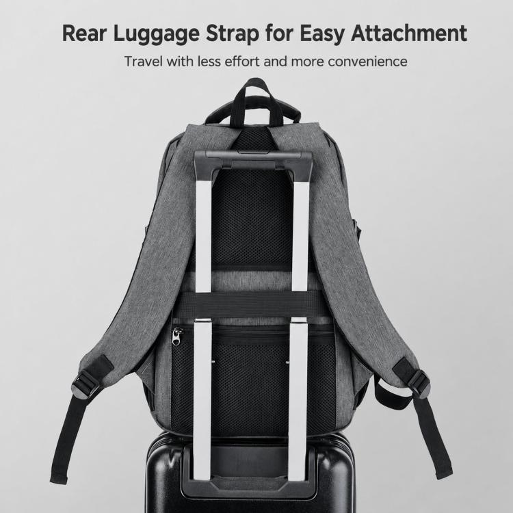 Gray laptop backpack with rear luggage strap for easy attachment