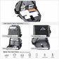Gray laptop backpack interior showing multiple compartments and zip pockets
