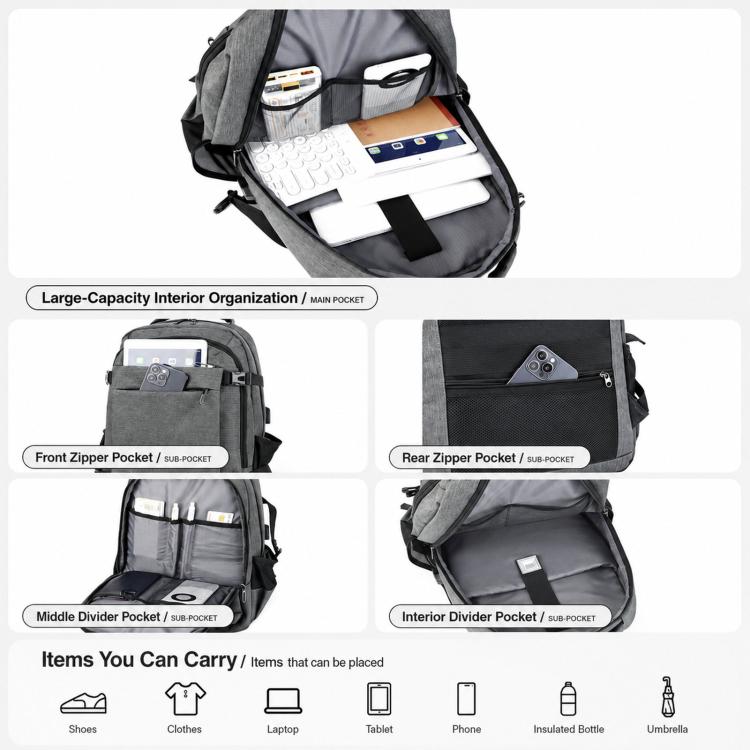 Gray laptop backpack interior showing multiple compartments and zip pockets