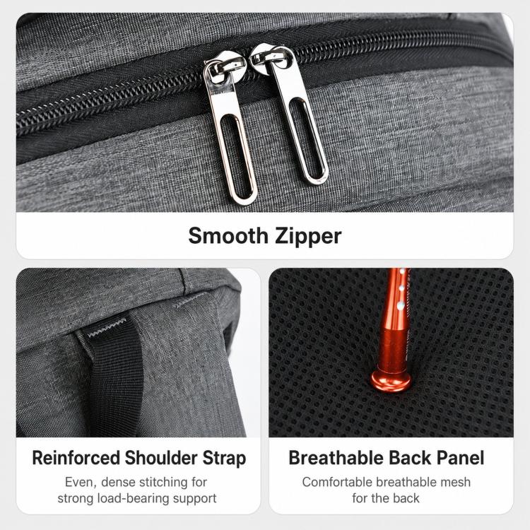 Gray backpack details: smooth metal zipper pulls and reinforced, breathable panels