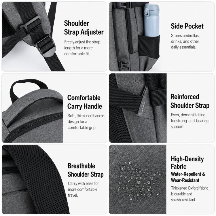 Gray backpack comfort features: adjustable shoulder straps, side pocket, reinforced handle