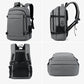 Gray laptop backpack shown from multiple angles with front straps and side pocket