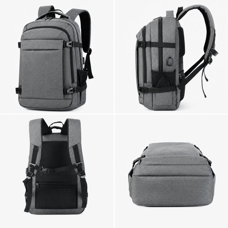 Gray laptop backpack shown from multiple angles with front straps and side pocket