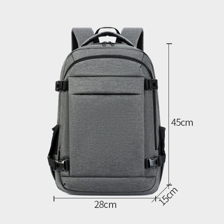 Gray laptop backpack dimensions: front view with height, width, and depth markers