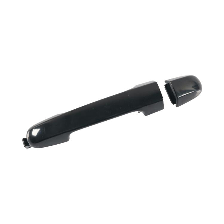 Front exterior door handle, dark black, smooth lever shape with small tab