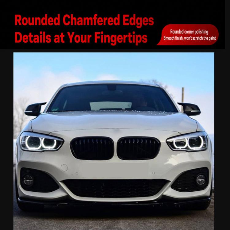 Front lip spoiler sticker on BMW front bumper with chamfered edge detail