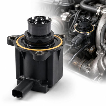 Turbocharger bypass solenoid valve, black plastic with orange seal ring and electrical connector