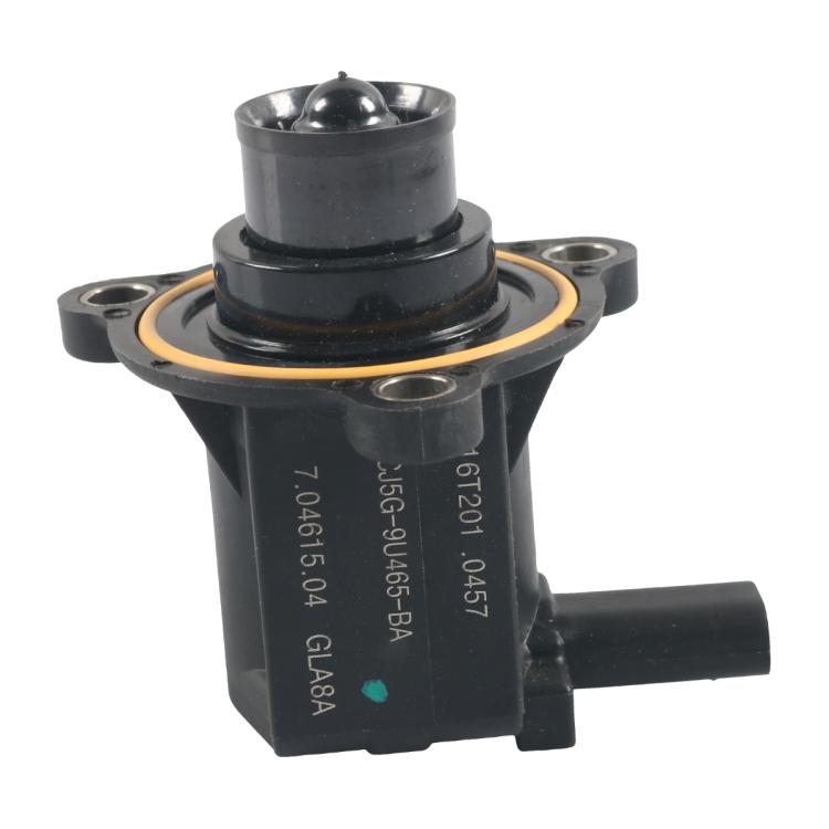 Turbocharger bypass solenoid valve, black housing with yellow gasket ring and side hose outlet