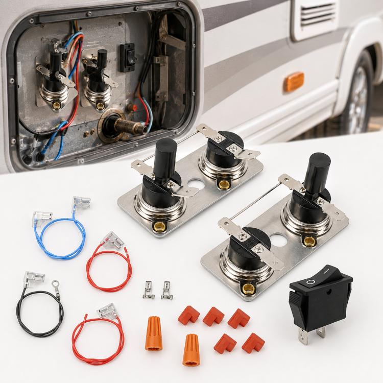 RV water heater thermostat kit with hi-limit switch, wires, and terminals