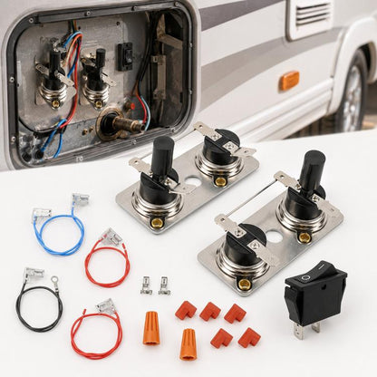 RV water heater thermostat kit with hi-limit switch, wires, and terminals