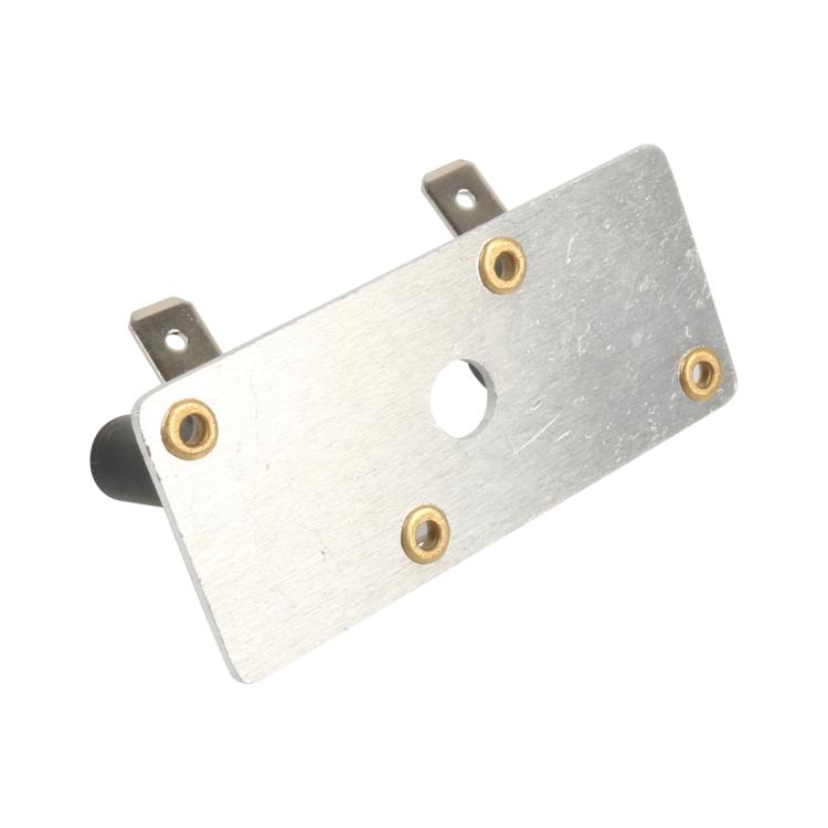 RV water heater thermostat mounting bracket plate with two gold screw holes